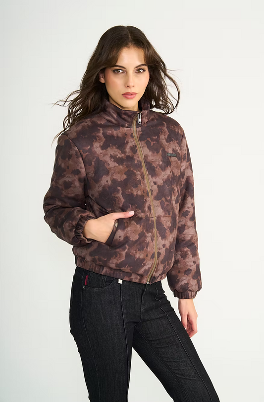 PUFFA BOMBER SUEDE ANIMAL PRINT COW ESPRESSO | ELLUS MUJER