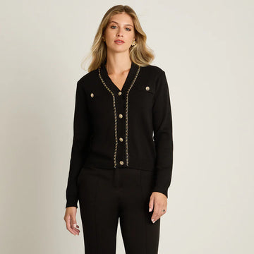 CARDIGAN NEGRO CON APLICACIÓN DE CADENA DORADA | LORENZO DI PONTTI MUJER.