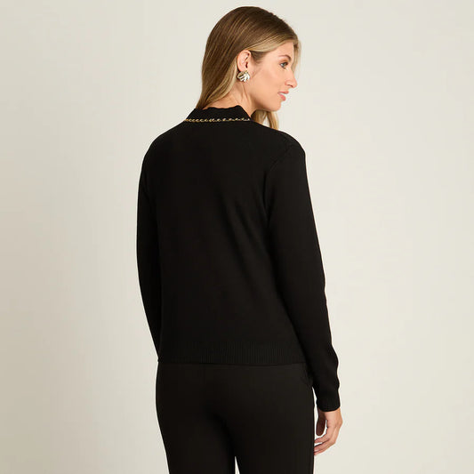 CARDIGAN NEGRO CON APLICACIÓN DE CADENA DORADA | LORENZO DI PONTTI MUJER.