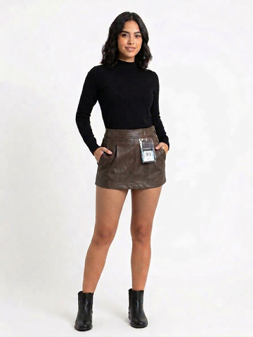 FALDA ECO CUERO CAFE TALLA M | ACUARELA