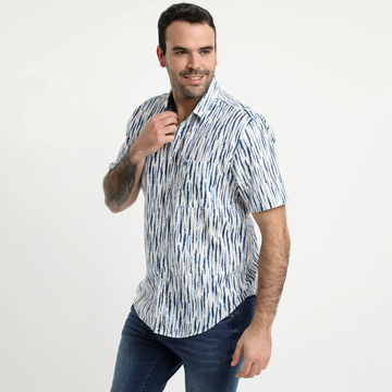 Camisa Potros Lino Estampado Azul